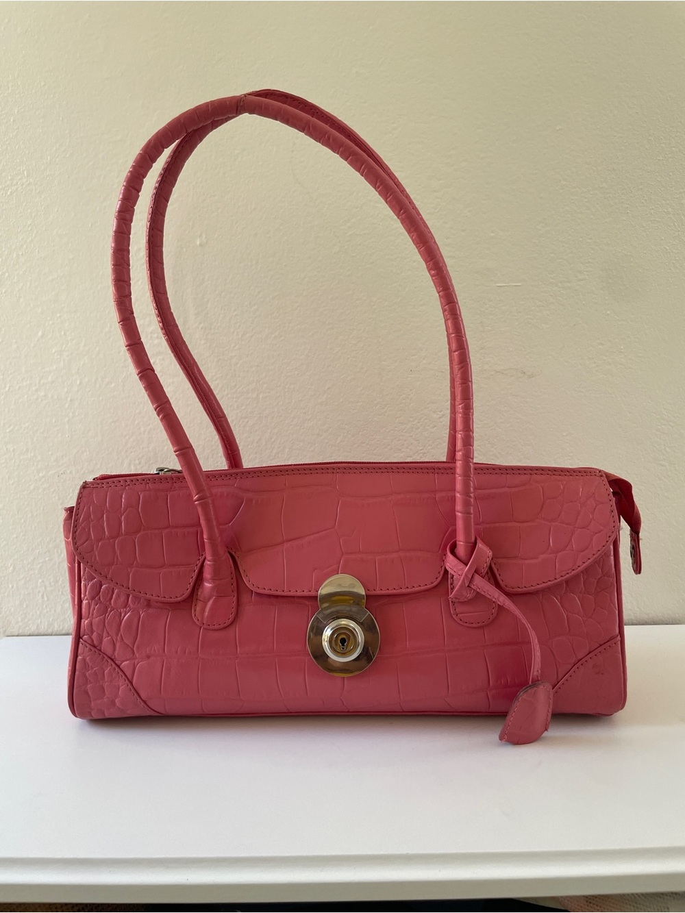 Michael Rome Pink Croc-Embossed Italian Leather Shoulde Bag with Silver Hardware